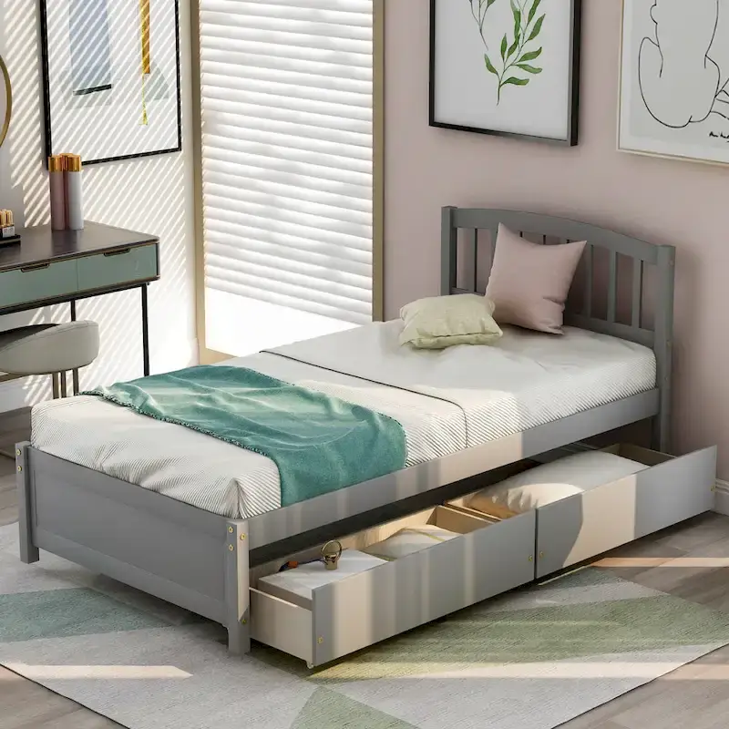 Twin Size Wood Platform Storage Bed with Drawers