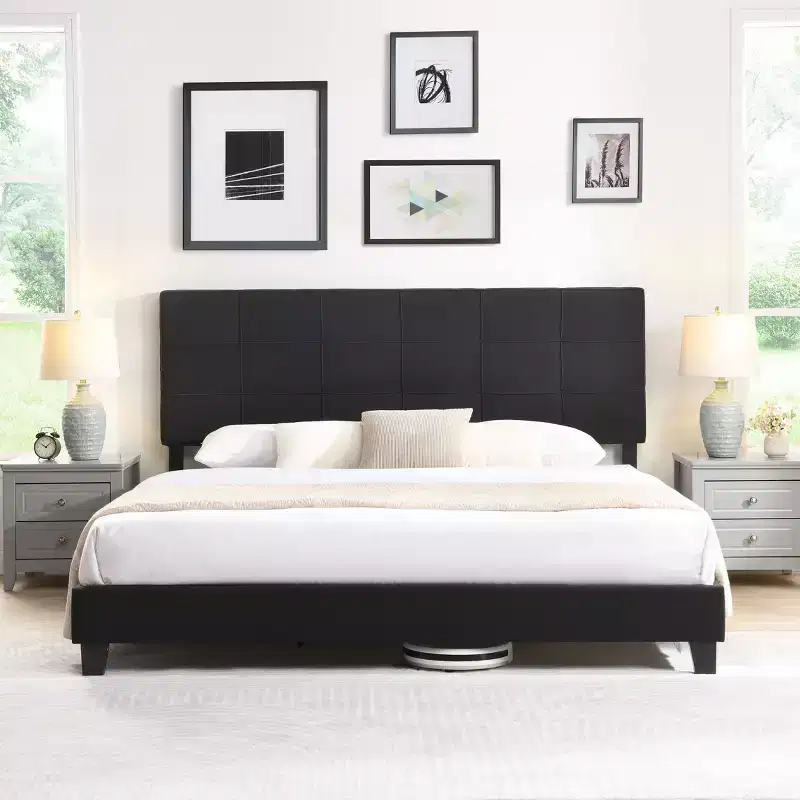 Okak King Size Bed Frame with Linen Fabric Headboard, Upholstered Platform Bed Frame with Wood Slat Support for Bedroom, Black