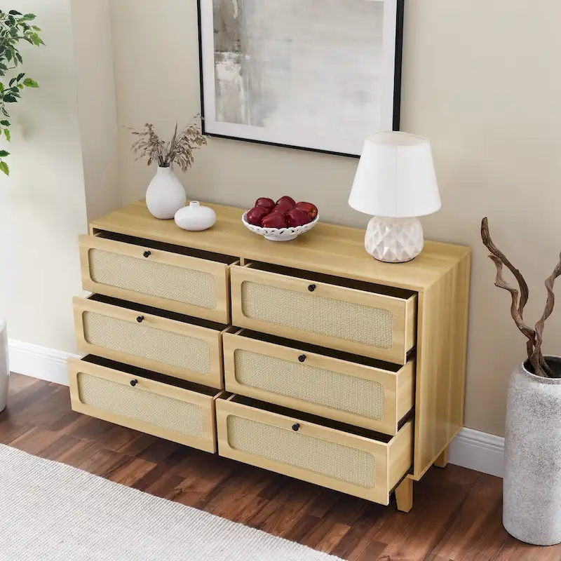 6-Drawer Dresser with Rattan Weave Fronts - Wood - 56 Inch