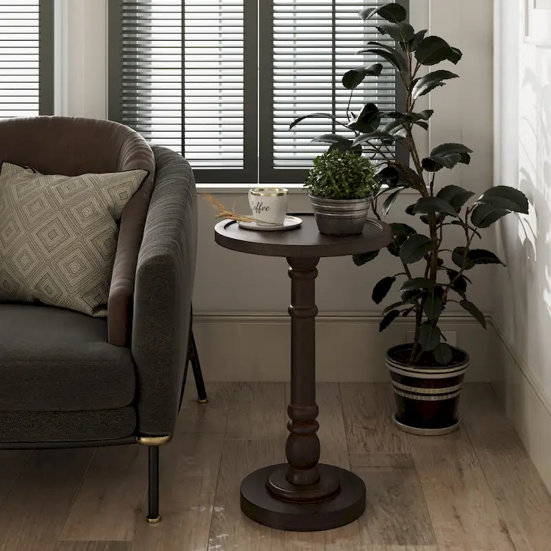 Round Pedestal End Table – Espresso / Wood / Black & White, Farmhouse Style, 1-Person