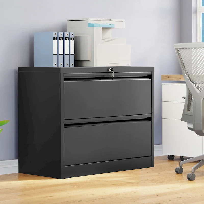 Black / White 2-Drawer Metal Lateral File Cabinet with Lock, Single-User