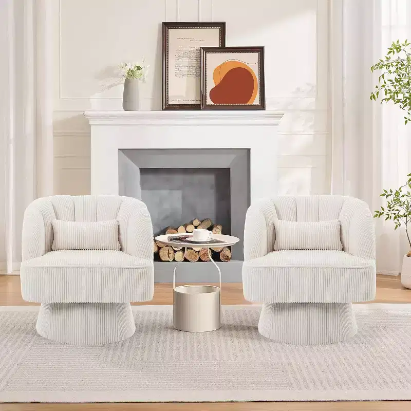 Modern Swivel Barrel Accent Chair, 360 Upholstered Armchair with Striped Backrest & Plush Padding(Set of 2)