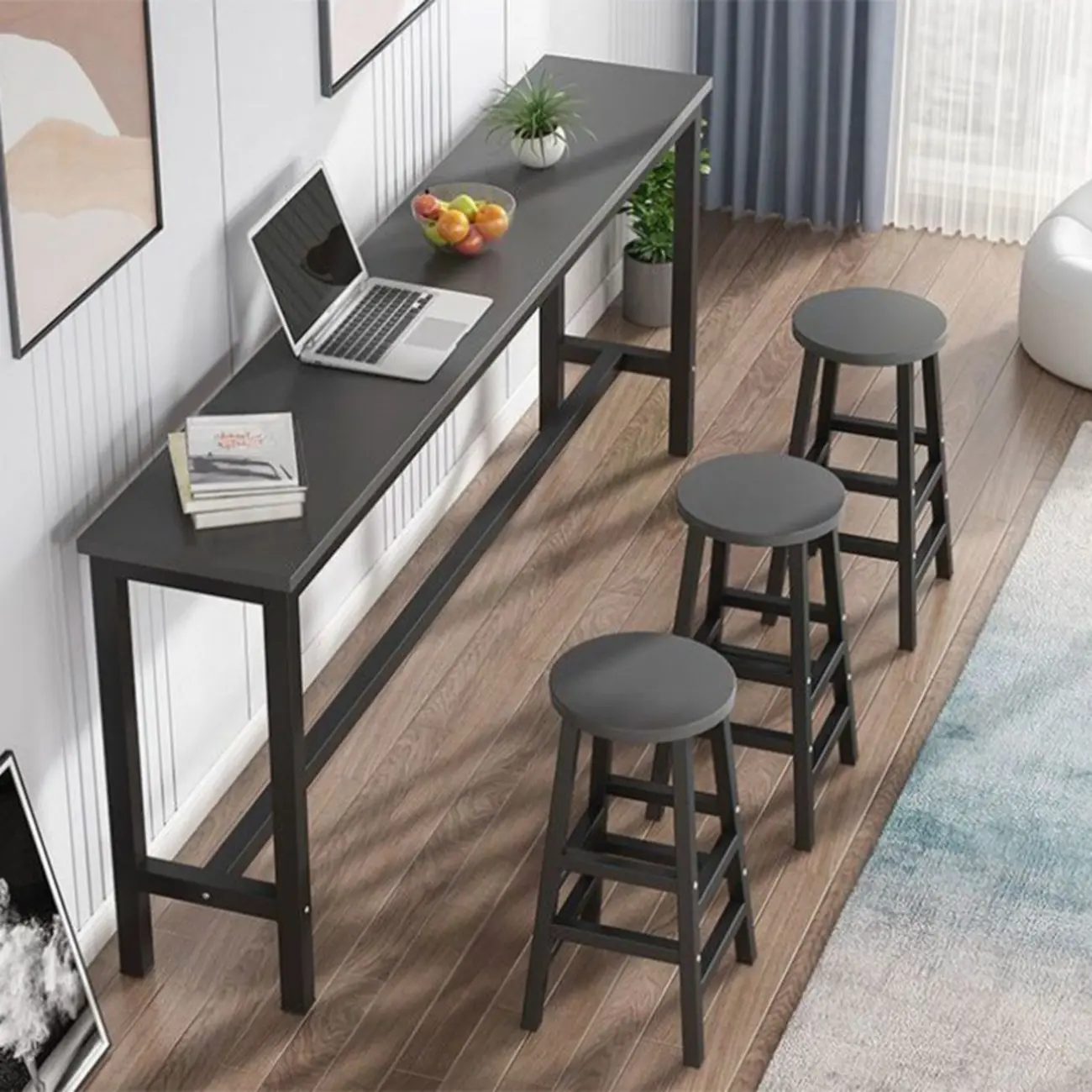 Grey Rectangle Wood Metal Footrest Bar Tables