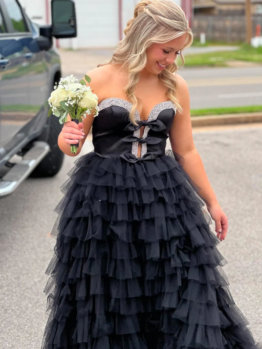 Black Strapless Bow Ruffle Long Prom Dress with Slit