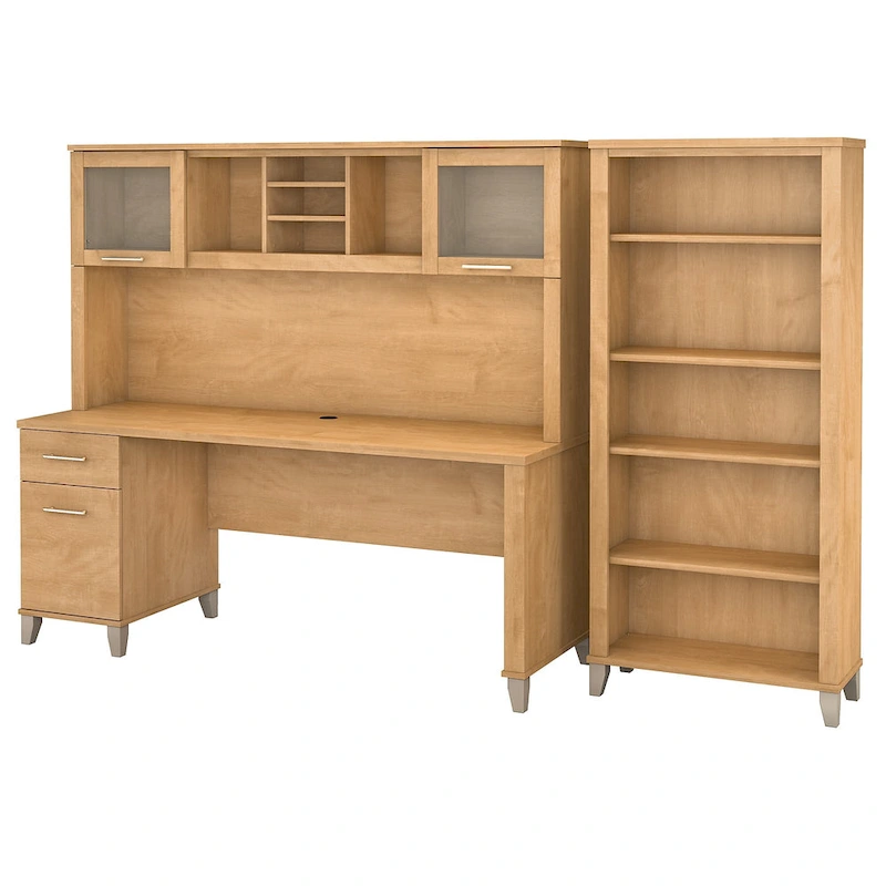 Somerset 72W Office Desk with Hutch and 5 Shelf Bookcase in Ash Gray
