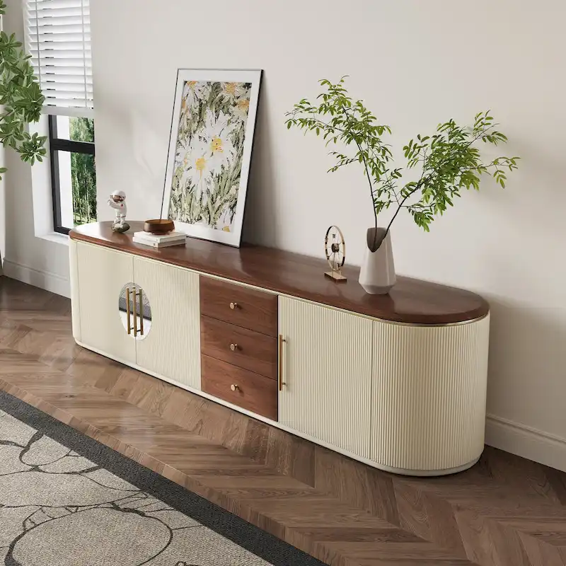 78.74-Inch TV Stand with Wood-Look Top, 5 Cabinets and 3 Drawers