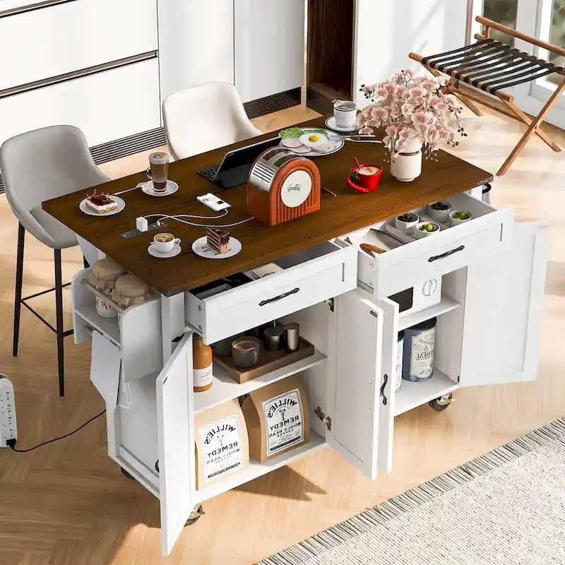 53.5 Farmhouse Kitchen Trolley with Power Outlet, Drop Leaf, Spice Rack, and Drawers, Mobile Cart on Wheels