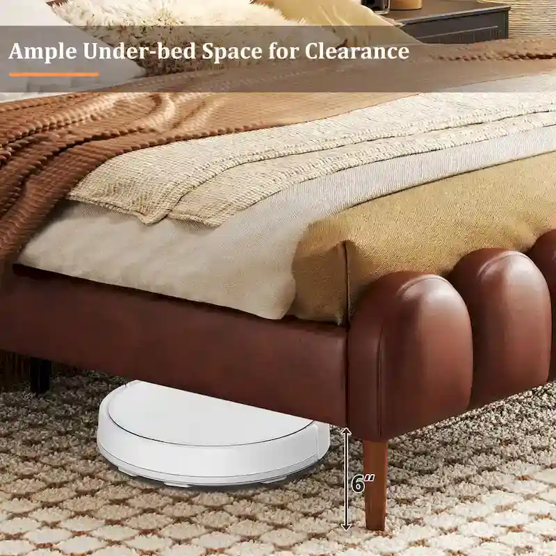 Leather Upholstered Bed with Headboard & Footboard, Solid Wood Slats & Legs