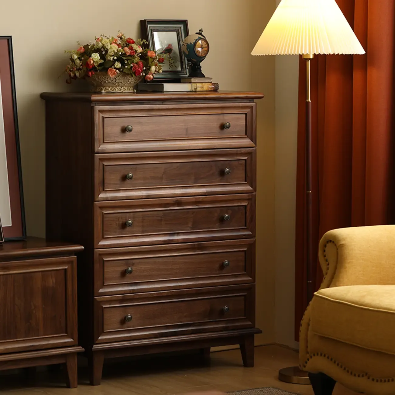 Contemporary Brown Wooden Chest with 5-Drawers for Bedroom