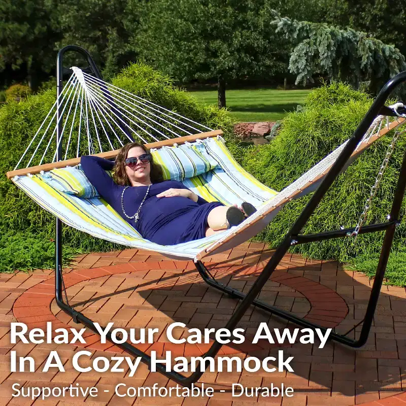 Sunnydaze Double Quilted Fabric Hammock with Universal Steel Stand - 450-Pound Capacity