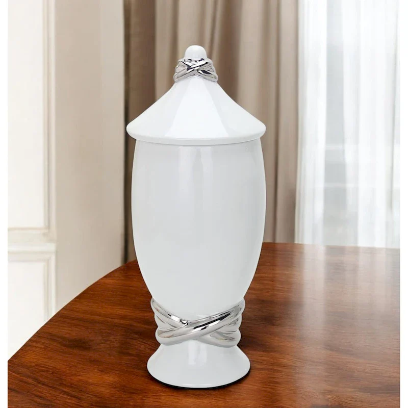 13  White and Silver Abstract Oval Ceramic Ginger Jar