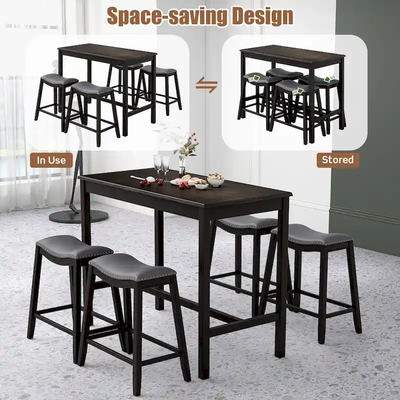 Costway 5PCS Bar Table Set Counter Height Table & Upholstered Saddle