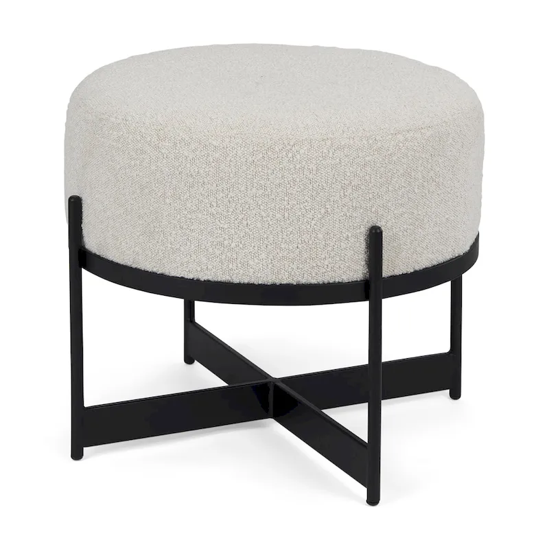 Amelia Cream Boucle Fabric with Black Metal Frame Round Ottoman
