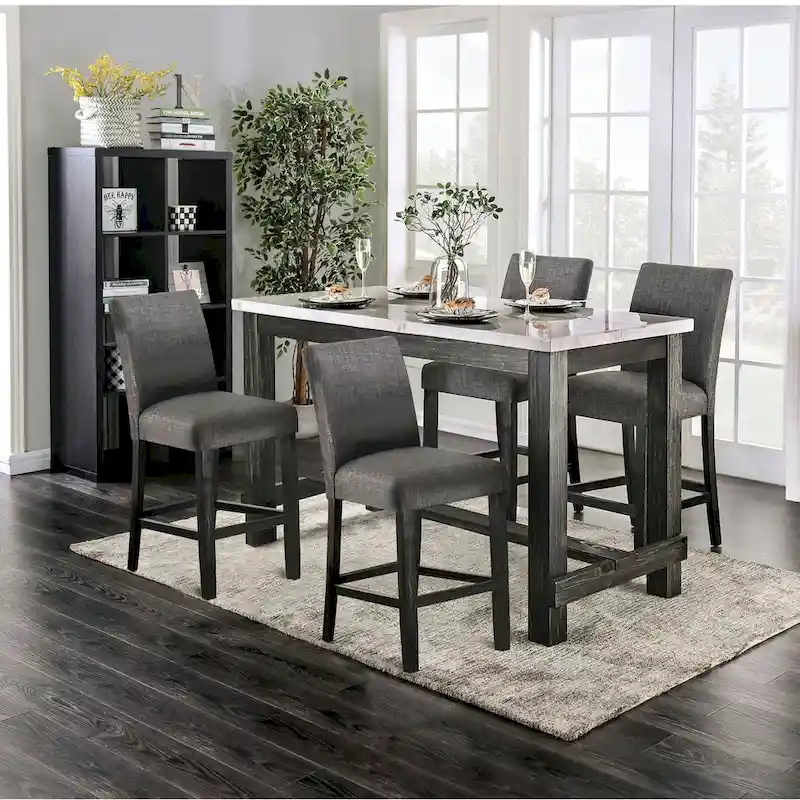 Rustic Genuine Marble Counter Height Dining Table with 4 Upholstered Chairs