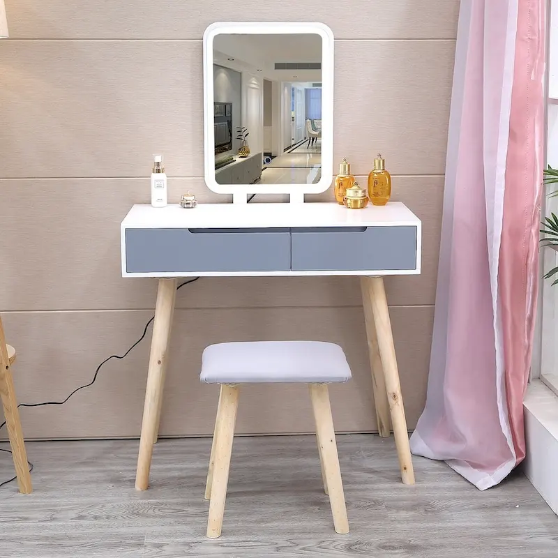 Modern Bedroom Vanity Table Set with Adjustable Brightness Mirror