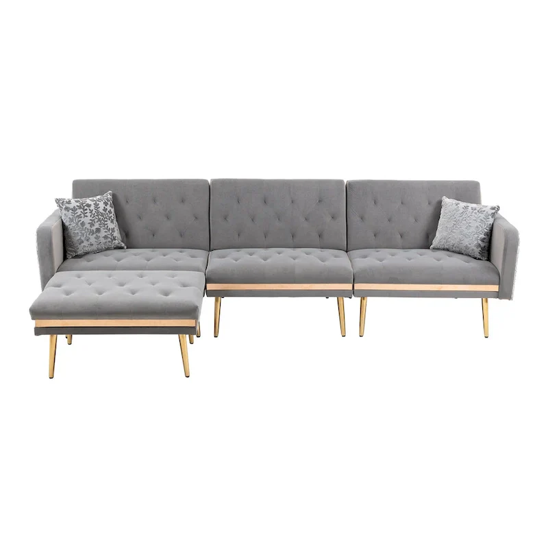 Polyester Upholstered Tufted Sleeper L-Shaped Sectional Sofa With Ottoman