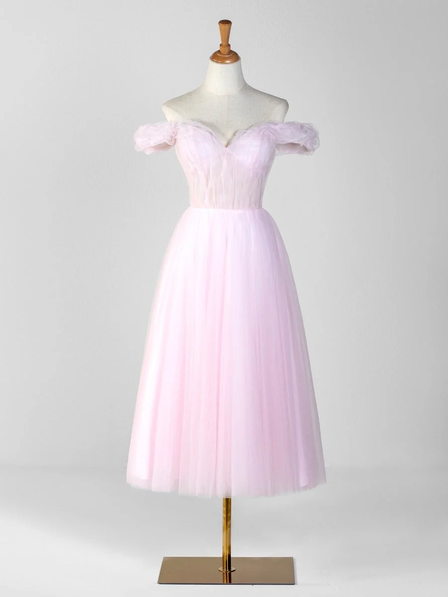 Sweetheart Neck Off the Shoulder Tea Length Tulle Prom Dress