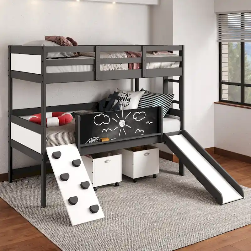 Dark Grey Twin-Over-Twin Bunk Bed with Slide & Chalkboard Rail, 2-Person