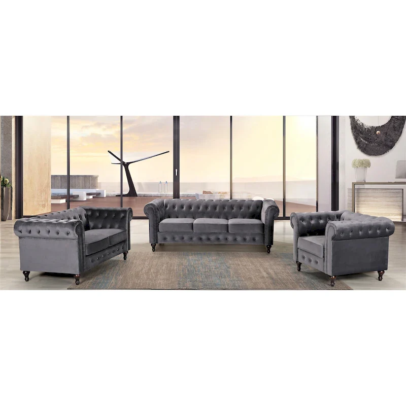 Brooks Classic Chesterfield 3-Piece Living Room Set-Chair Loveseat & Sofa