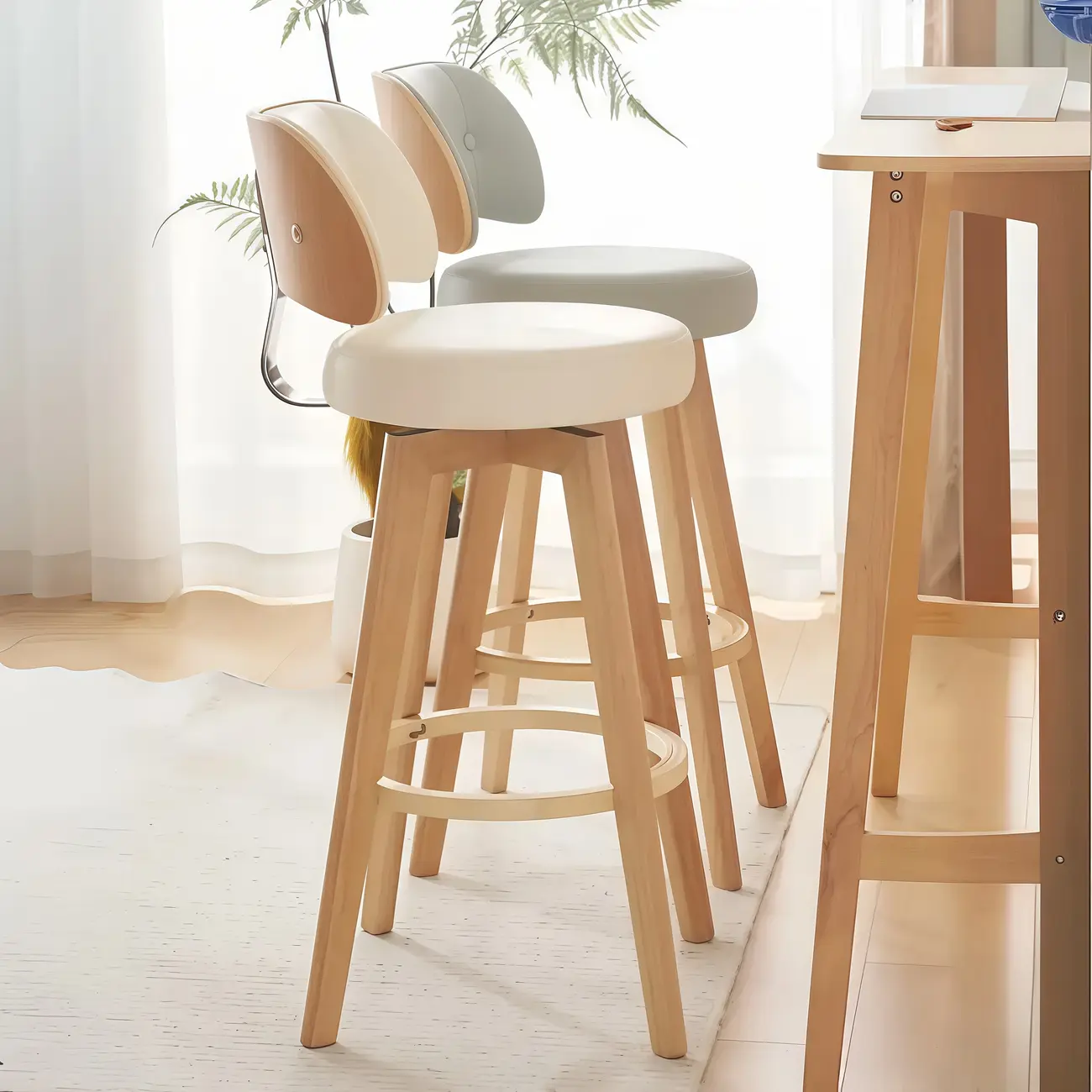 Natural Wood Round Leather Swivel Bar Stools
