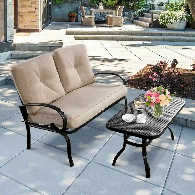 Costway 2 Pcs Patio LoveSeat Coffee Table Set Furniture Bench With - See Details