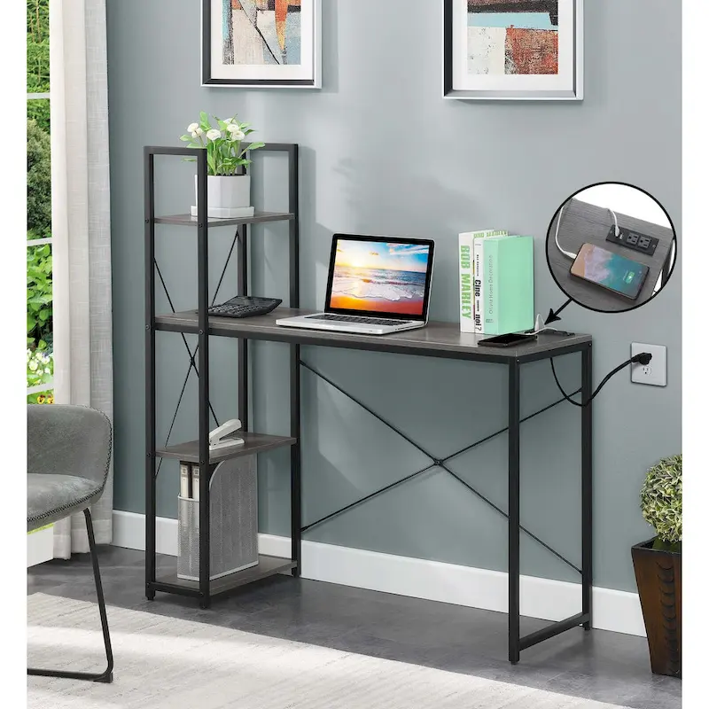 Office Workstation with Charging Station and Shelves - Grey/White