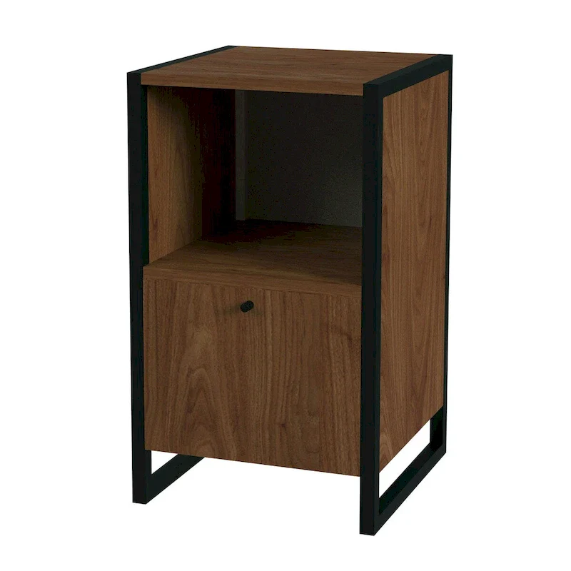 One Drawer File Cabinet with Open Storage Shelf, Walnut Veneer & Black Steel Frame