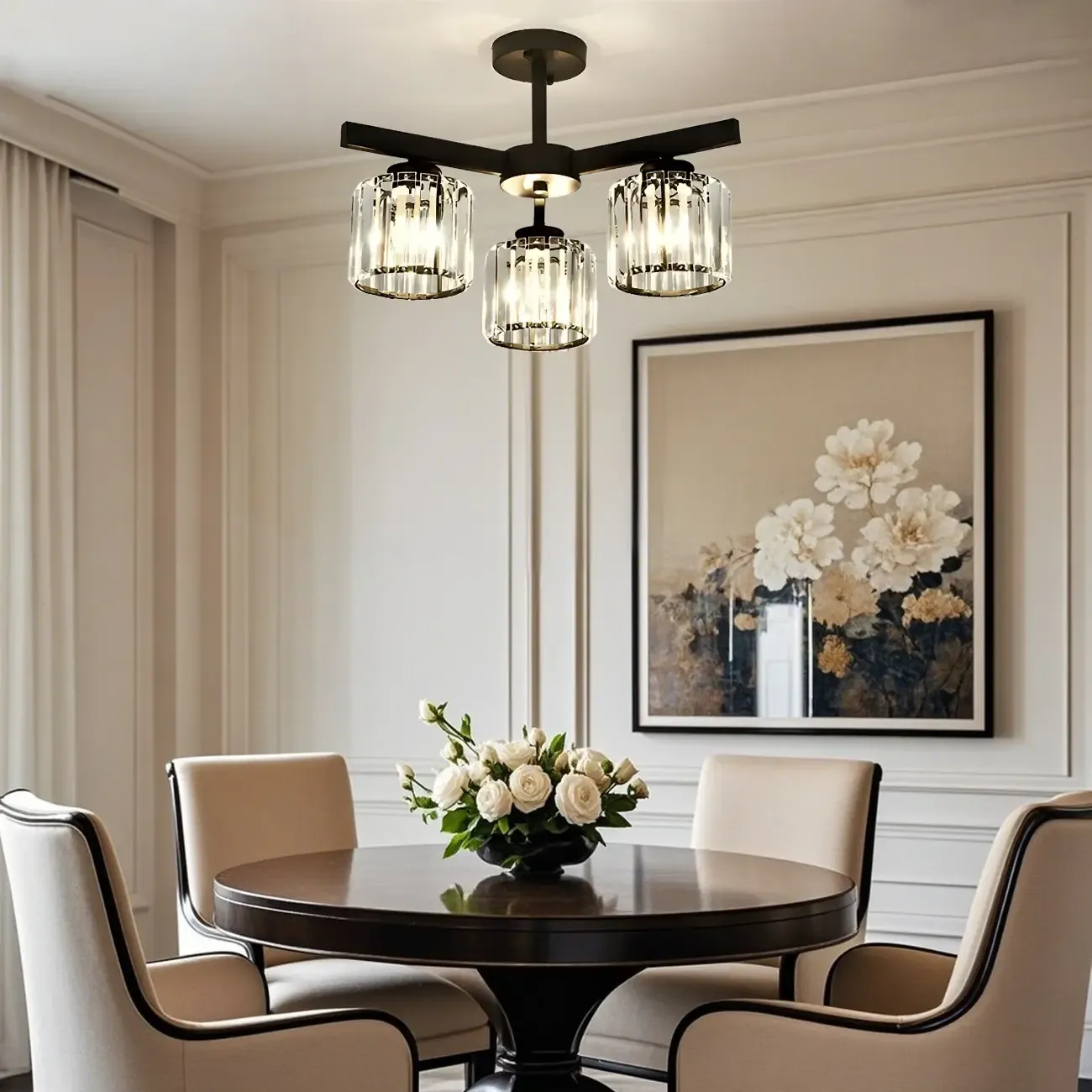 Modern Large Black Cylinder Crystal Semi Flush Ceiling Light