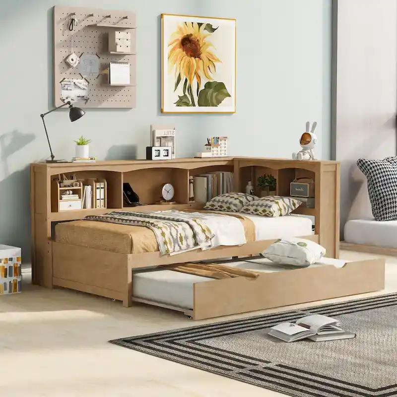 Twin Wooden Daybed with Trundle, Cabinets, and Charging Stations