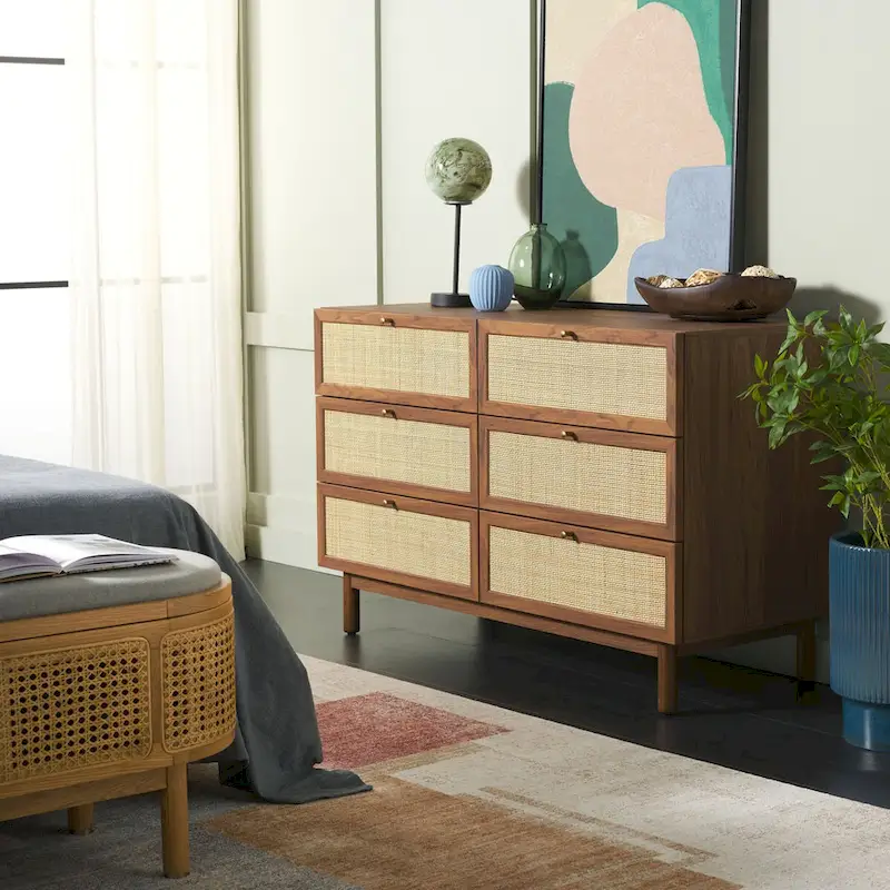Black / Bleached White / Walnut / Oak / Distressed Black Rattan Mesh 6-Drawer Dresser with Gold Pulls – Single