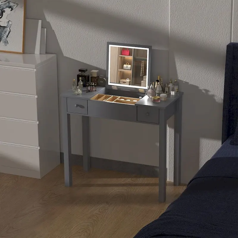 Grey/White Flip Mirror Vanity Desk with LED Lights – 1-Person