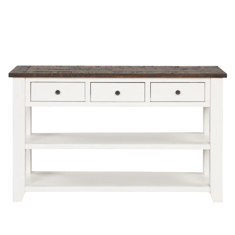Modern Solid Pine Wood Top Console Table with 3 Drawers and 2 Shelves