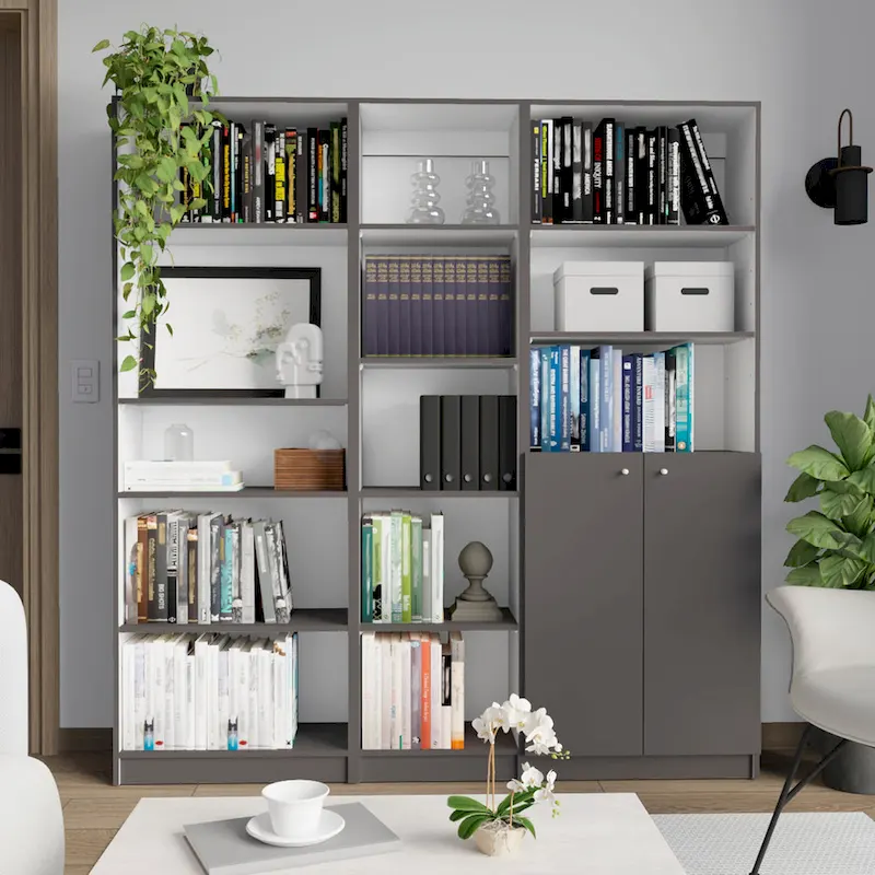 3-Piece Modular Bookcase Set, Beige/Multi/Black/White, 13-Shelf with Cabinet, for 1 Room