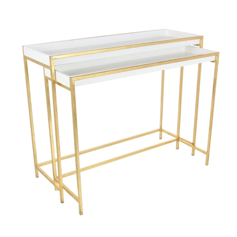 Wood Geometric Nesting Console Table with Gold Metal Legs - Set of 2 White