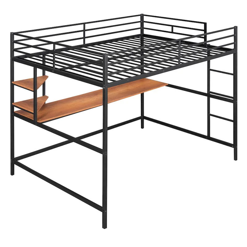 Black Full Size Metal Loft Bed with Desk, Ladder & Shelf