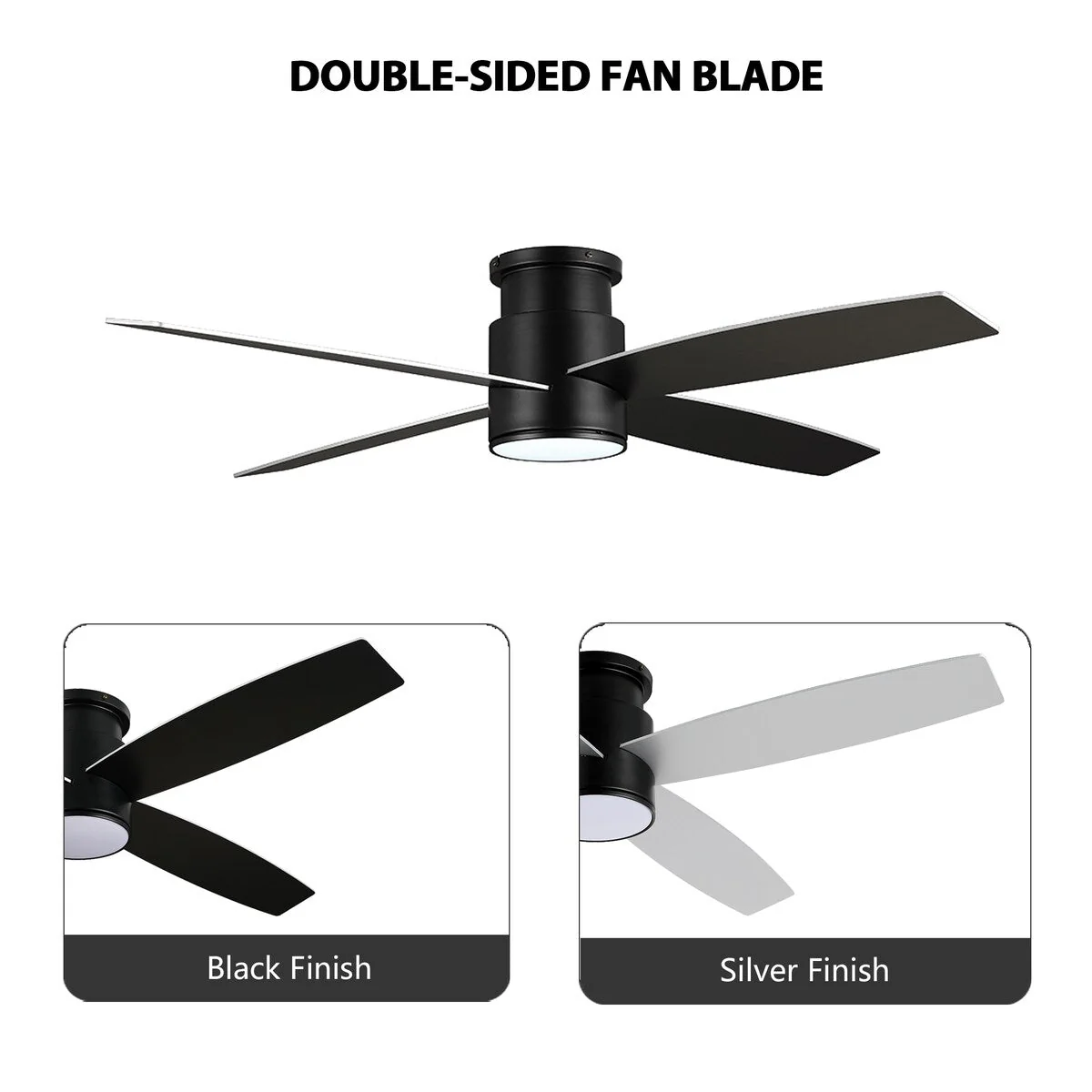 WINGBO 44/52 Inch Flush Mount DC Ceiling Fan with Lights and Remote, 4 Reversible Blades