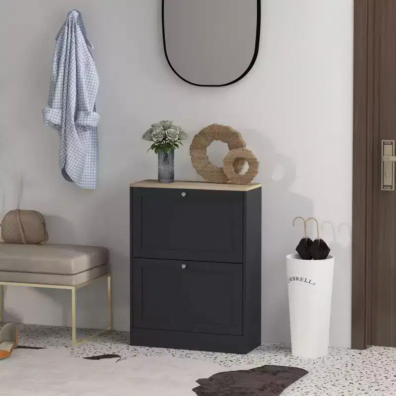 HOMCOM Slim Shoe Cabinet for Entryway, Modern Hidden Shoe Storage Cabinet with 2 Flip Drawers and Adjustable Shelves for 8-12 Pairs of Shoes