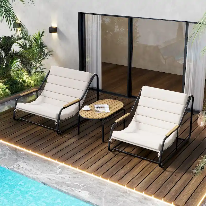 Outdoor Chaise Lounge Set of 3 with Cushion, Patio Lounge Chair Recliner with Acacia Side Table