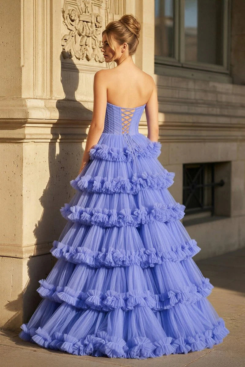 Navy Blue Strapless A Line Tulle Ruffled Long Prom Dresses With Slit