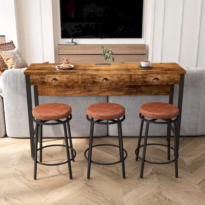 Brown / Black 3-Drawer Dining Table Set with 3 Round PU Stools — Seats 4