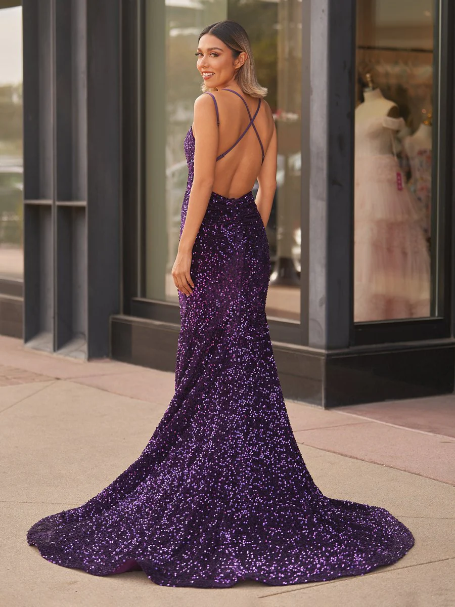 Sparkly Blue Mermaid Sequins Long Backless Prom Dress
