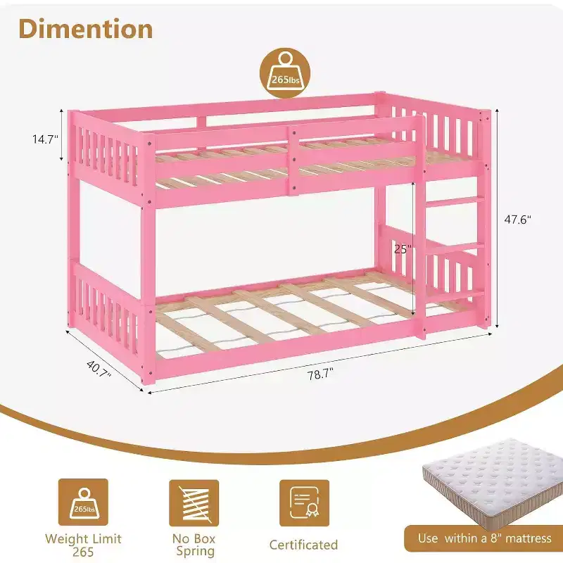 JOYMOR Low Twin Over Twin Bunk Bed for Kids/Junior, Wood Twin Bunk Bed Frame with Guardrails & Ladder for Boys Girls, Mattress Not Included