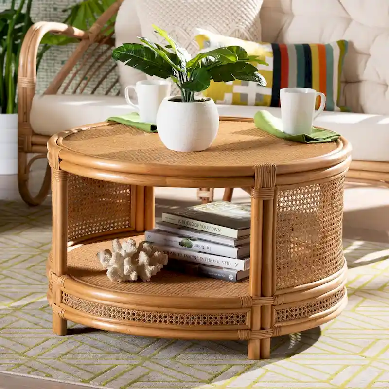 Light Honey Round Rattan Coffee Table with Open Shelf, 1-Piece
