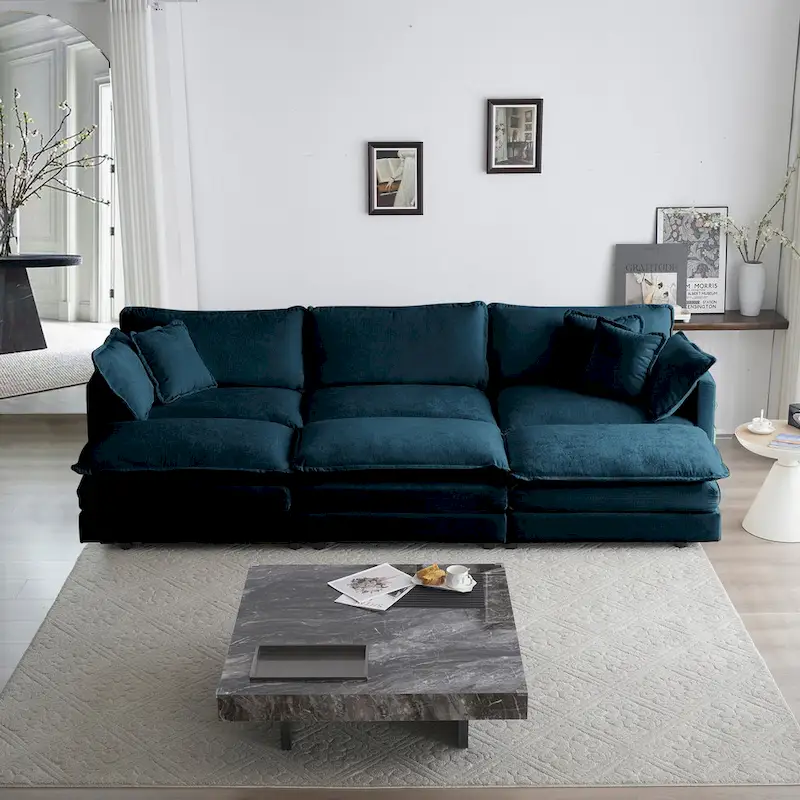 6-Seater U-Shape Sectional Sofa with 3 Ottomans and Pillows