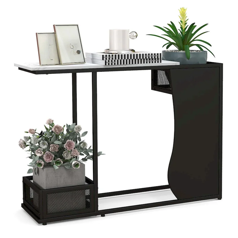 White + Black Faux Marble Top Console Table with 2 Mesh Storage Cubes - Single Use