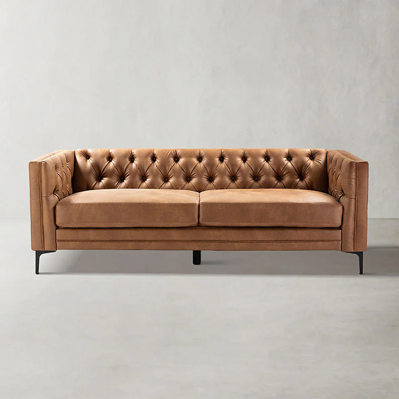 84 in Button-Tufted Polyester Loveseat Sofa with Square Arms, Black Metal Legs & 2 Toss Pillows | Camel / Grey / Green / Charcoal / Blue | 2-Seat