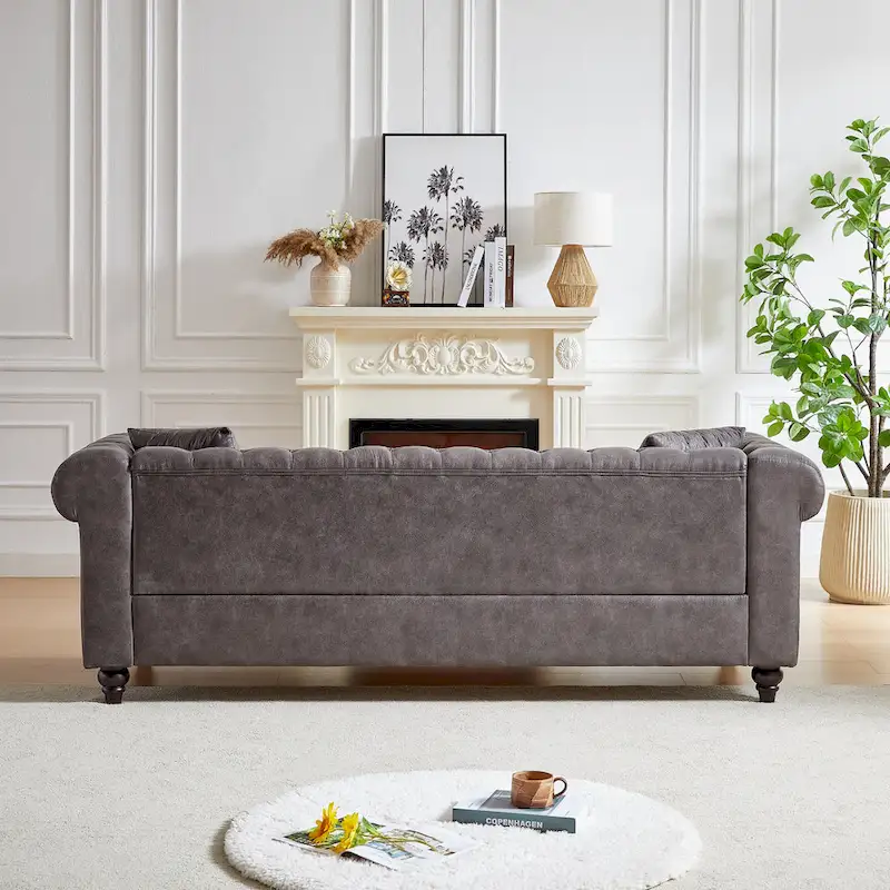 Gray Tufted Sofa with Rolled Arms - 3 Seater