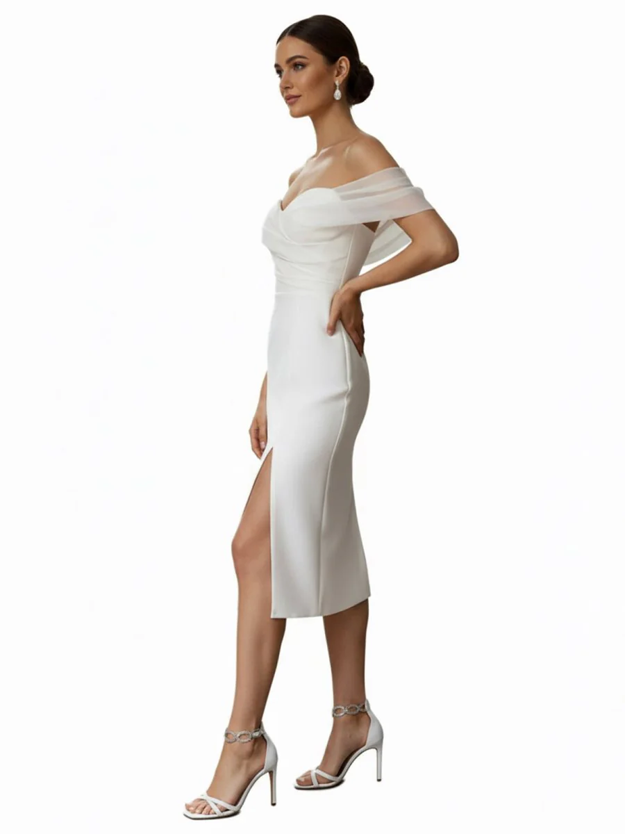 Sheath Off-The-Shoulder Sleeveless Tea-Length Wedding Dresses