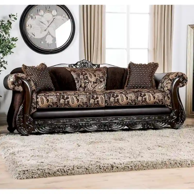 Dayaram Traditional Brown Chenille Sofa with Wood Trim & Coordinating Pillows