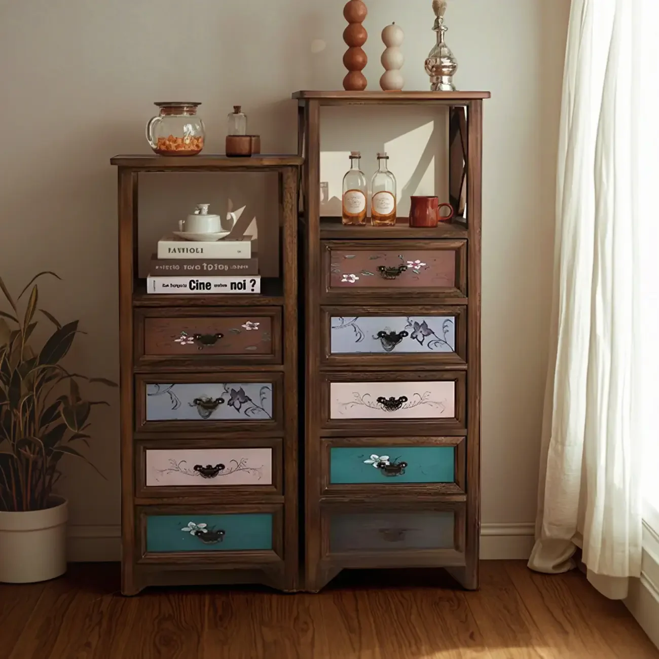Industrial Rectangular Brown Wooden Drawer Cabinet